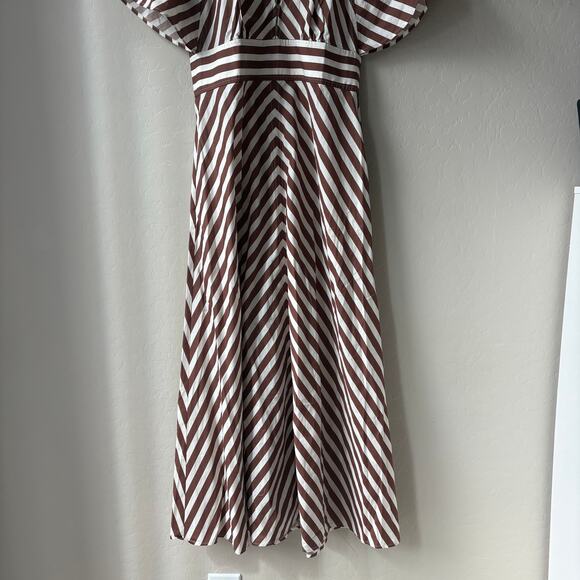 NEW Oroton Dress Striped V-Neck Flutter Sleeve Midi Dress Brown White Size 8 - Picture 5 of 10